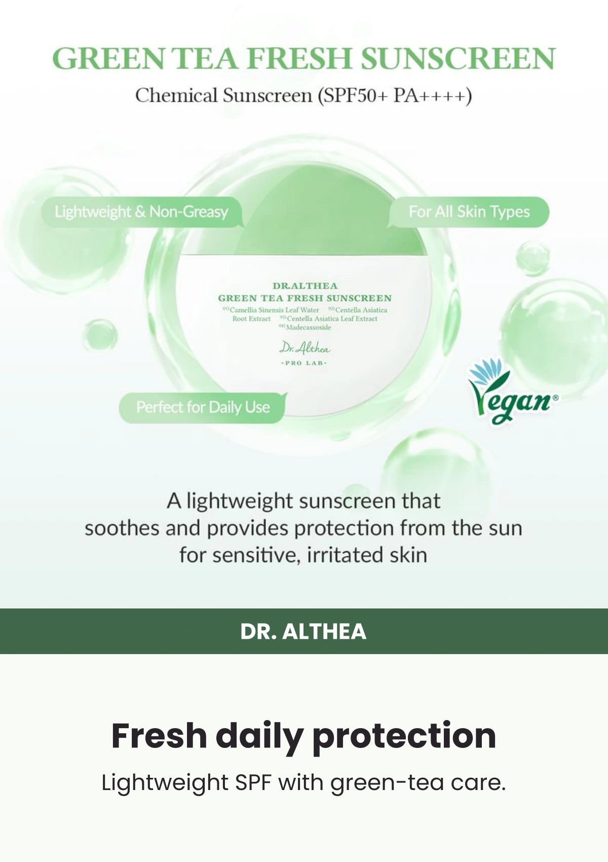 Dr. Althea Green Tea Fresh Sunscreen 45ml โ Fresh daily protection. Lightweight SPF with green-tea care.